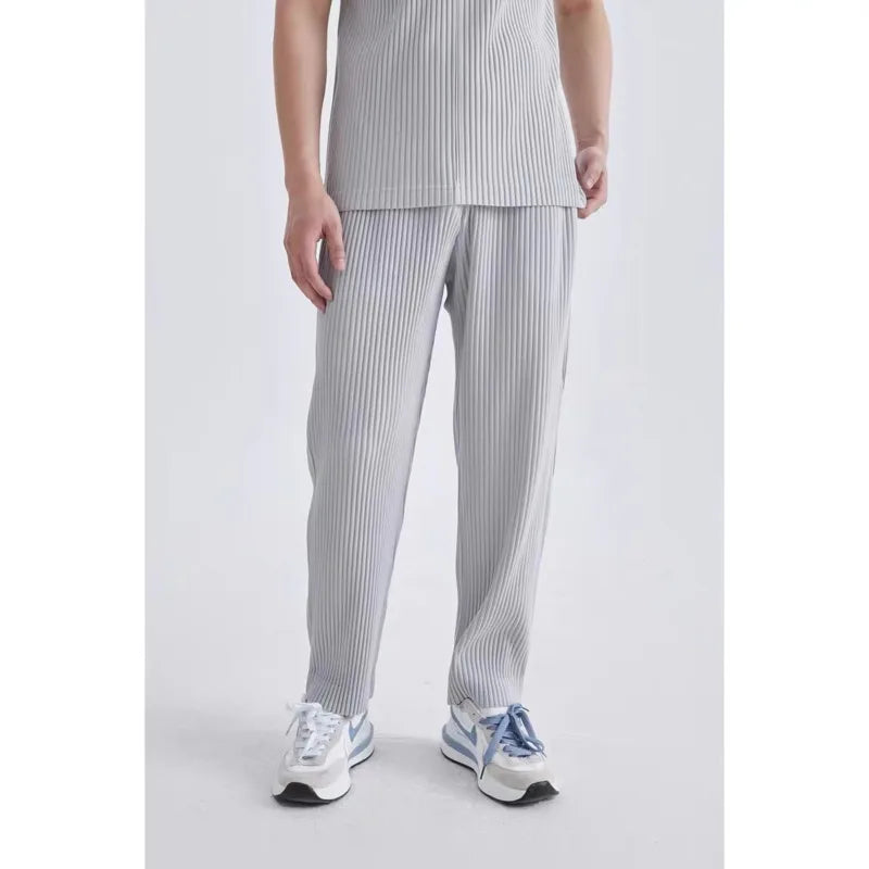 Summer Pleated Pants Men Fashion Gray Black Casual Pants Men Japanese Streetwear Loose Straight Pants Mens Ice Silk Trousers