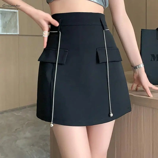 Summer Women High Waist Office Mini Skirt Elegant Casual Black White A-line Short Skirts Korean Style Y2k Streetwear Cargo Skirt