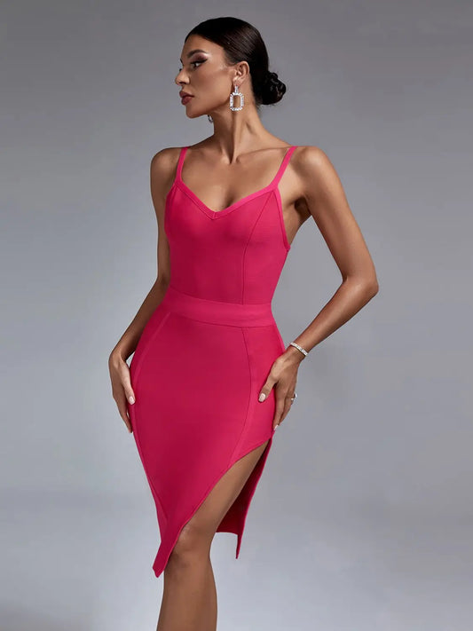 Women Bandage Dress Pink Party Dress Bodycon Elegant Spaghetti Strap Sexy Side Split Evening Birthday Club Outfits Summer 2023