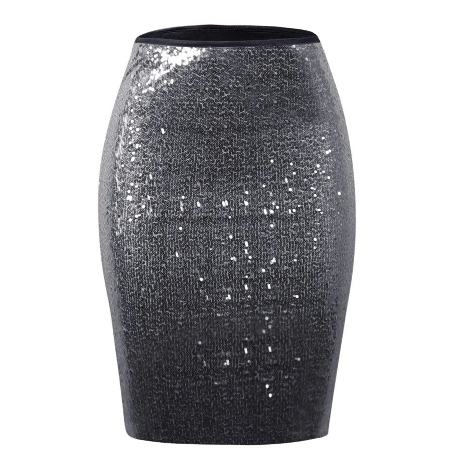 Sexy Shiny Sequin Skirt Women High Waist Glitter Gold Silver Stretchy Pencil Skirts Ladies Knee Length Party Club Midi Skirt