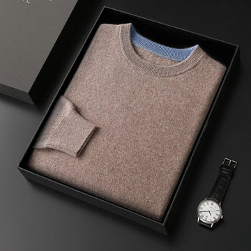 Autumn Winter Men's 100% Merino Wool Soft Sweater Contrasting Colors Round Neck Pullover Loose Long Sleeve Jumper Cashmere Top