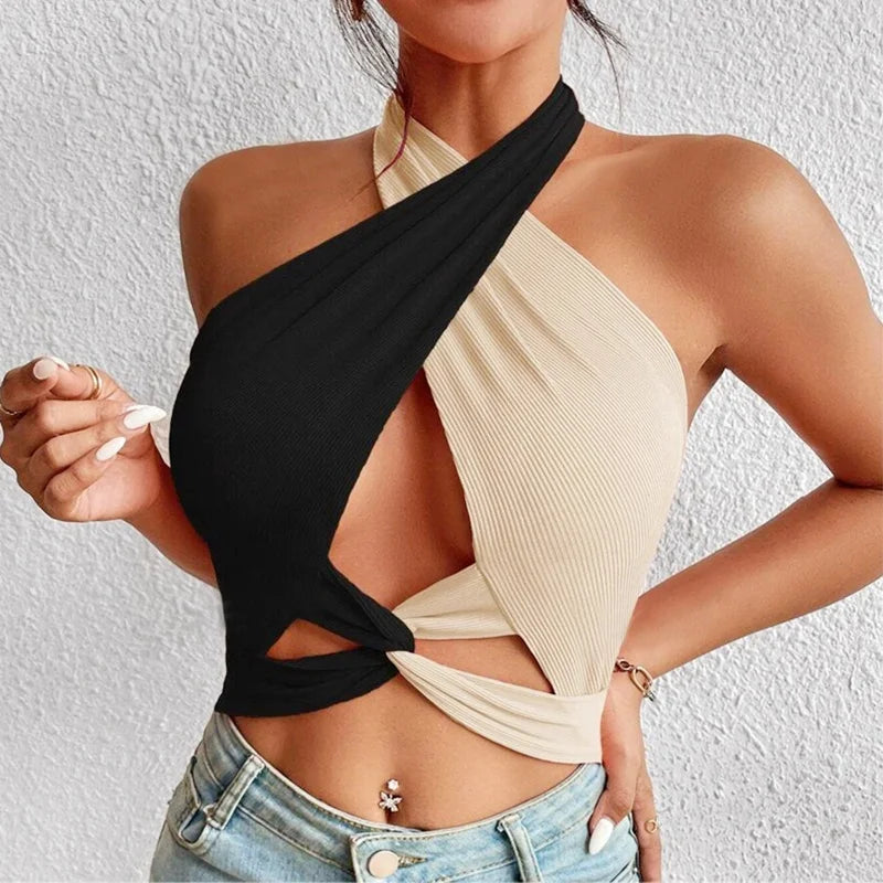 Women Summer Tank Tops Sexy Patchwork Cross Halter Neck Straps Hollow Crop Tops High Street Wear 2024 New Fashion