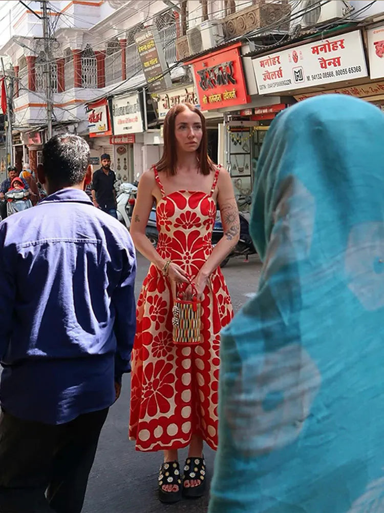 Vestido de correa de espagueti de estampado rojo de moda Mujeres Sey sexy sin mangas sin mangas túnica de honda 2024 verano femenino hembra vestidos de playa playa