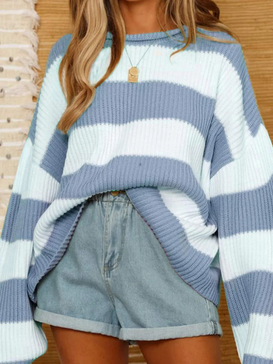 Women Stripe Print Cable Knit Round-Neck Long Sleeve Sweaters Fall Winter Loose Sweater Thick Cozy Chunky Knitwear