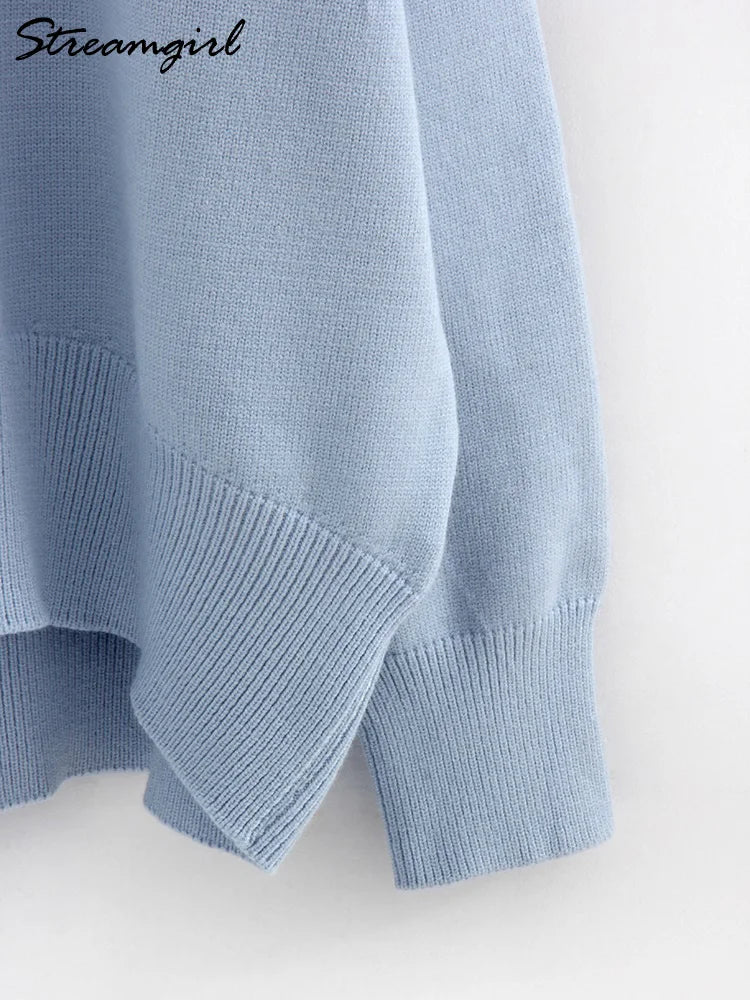 Basic Sweaters For Women Oversize O Neck Knitted Pullovers Autumn Winter Loose Tops Women's Jumper Light Blue Sweaters Oversized