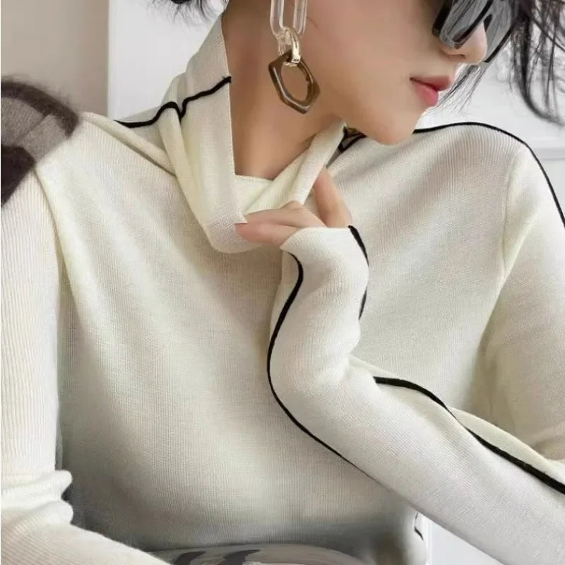 New Fashion Turtleneck Pullovers Women Autumn and Winter Slim Fit Long Sleeved Top Elegant Office Lady Sweaters Black White 2024