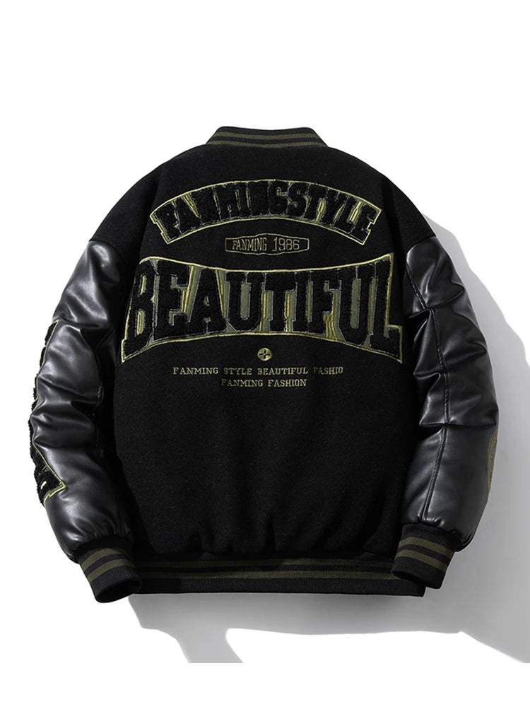 Winter Varsity Jacket Man Leather Sleeves Letter Embroidery Jacket Racing Motorcycle Woolen Coat Button Thick Warm Cool Original