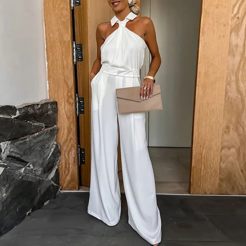 Elegant Solid Color Sleeveless Pocket Jumpsuit New Lapel High Waist Commute Romper Summer Off Shoulder Temperament Slim Playsuit