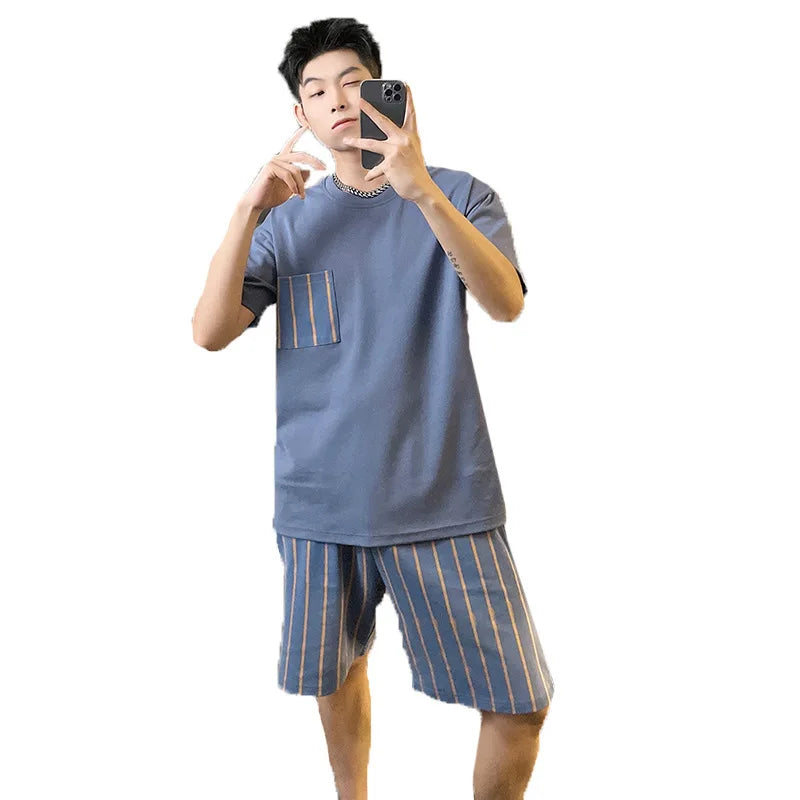 Men's Two-Piece Pajamas Homewear Summer Men's Pajamas Cotton Short-Sleeved Shorts Large Size Teenage Boys Casual Homewear Set