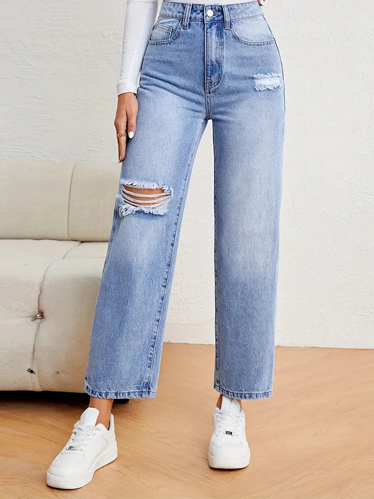 Denimcolab Women's Loose High Waist Jeans Cotton Denim With Holes Straight Leg Pants Ladies Casual Simple Solid Denim Trousers