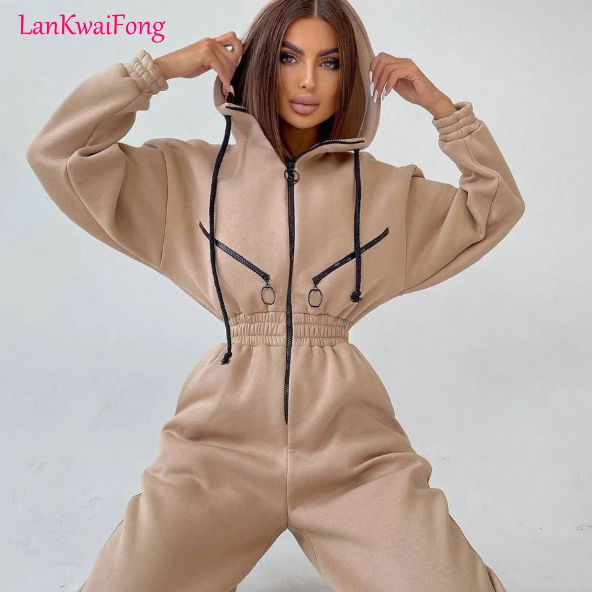 LKF 2024 Neue Sport- und Freizeit -Frauen -Jumpsuit mit Kapuze mit Zipper Cardigan Solid Color Street Trendy Jumpsuit Großhandel