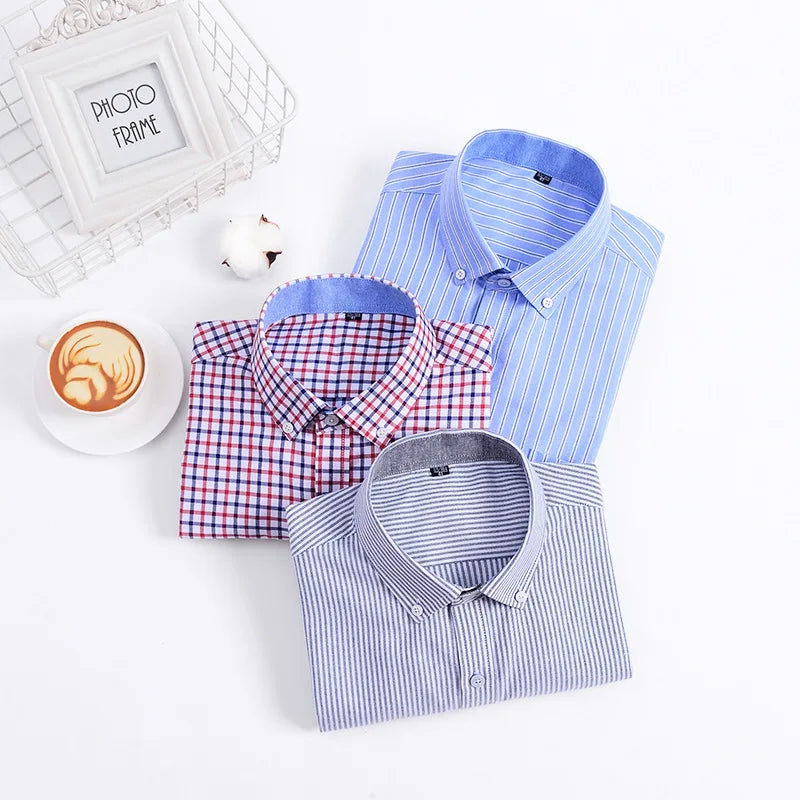 New Cotton Non Ironing Casual Men's Long Sleeved with Wrinkle Resistance Slim Fit Checkered Stripe Shirt Formal Work Clothes