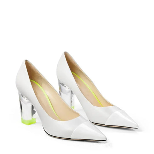 Transparent Thick Heel Pumps Woman 2025 Mixed Colors Pointed Toe High Heels Fashion Large White Silver Dress Shoes