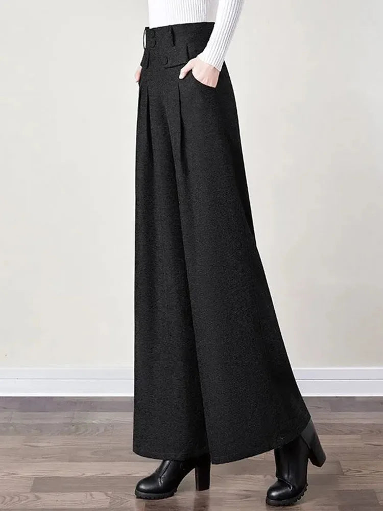 Autumn Winter Woolen Blend Culotte Elegant High Waist Belt Wide Leg Pants Women Baggy Korean Fashion Pantalones Oversize Trouser