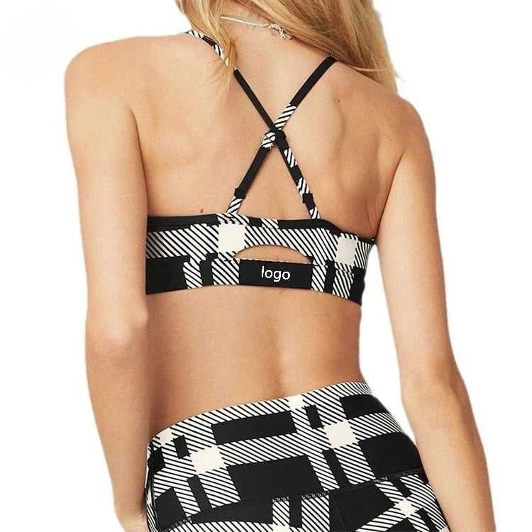 LO Sports Yoga Set with Chest Pads Checkered Printing, Advanced Yoga Fitness Set Sexy Indoor Outdoor Sports Clothing Yoga Set