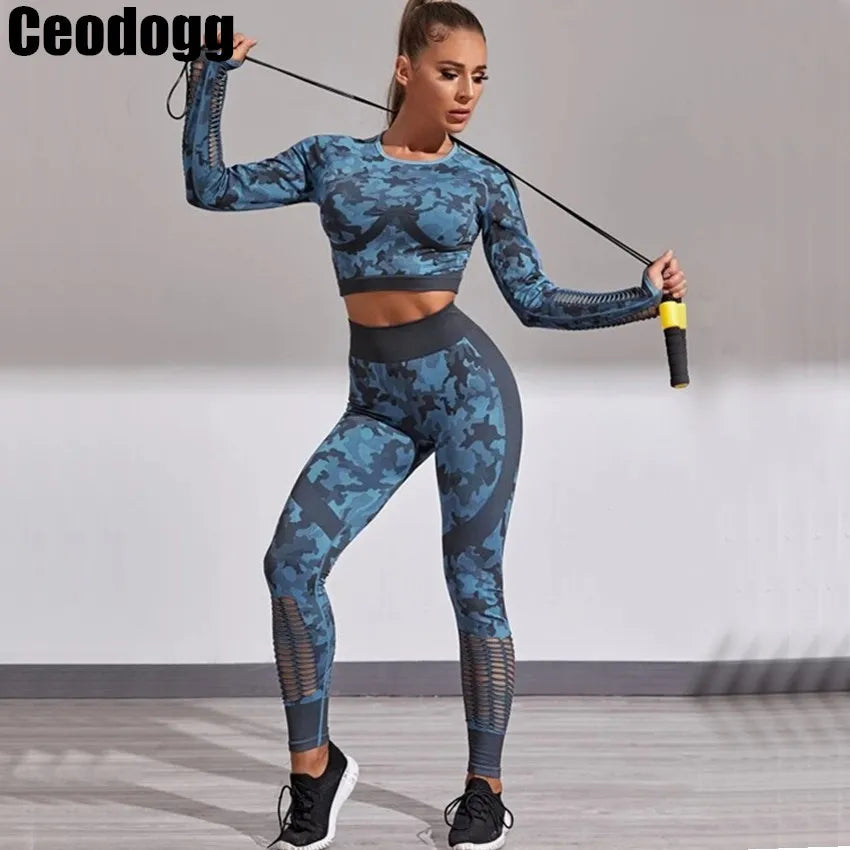 1pcs Camouflage Set Women Yoga Anzug Sport Set Sports Training Kleidung Langarm Fitness