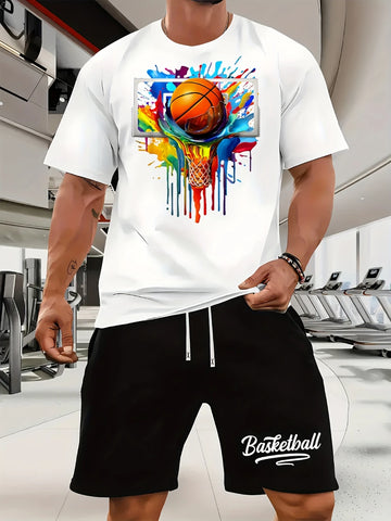 Basketball Theme Printed Pattern Men's Short-Sleeved T-shirt Sports Basketball Shorts 2-Piece Set Casual Sports Suit Daily Wear