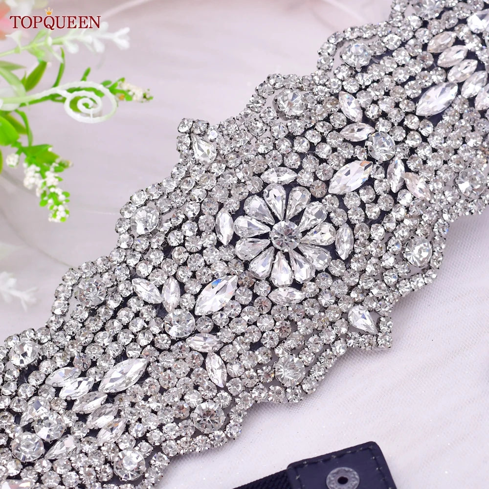 TOPQUEEN S233-B Women Black Elastic Belt All-match Silver Rhinestones Crystal Women Dress Gown Elegant Female Daily Sash Sparkly