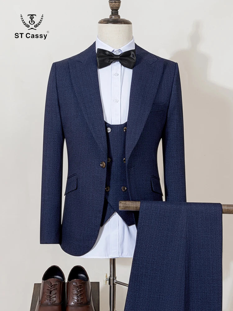 ST Cassy luxury Men Suit light blue Slim Fit Male Groom Wedding Blazers Party Dress  Suit Business Office three-piece
