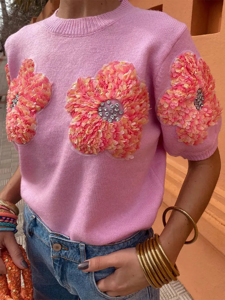 Fashion Women 3d Flower Sweater Elegant Lady O Neck Sweepleved Archever Tops 2024 Femenina Femenina Conjuntos callejeros de conmutación