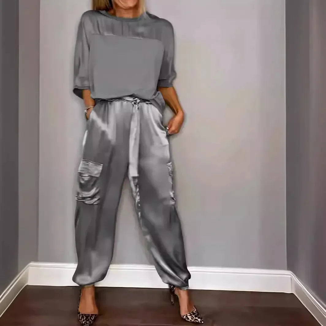 Summer Satin 2 Piece Set Women Casual Solid Color 2 Piece Outfit Half Sleeve Tops Loose Fit Pants Suit Two Piece Sets