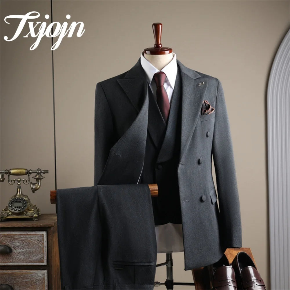 Hot Selling Double Breasted Men Suit 3PCS For Groom Elegant Men Suit Formal Peak Lapel Men Suit Formal Slim Suit For Business