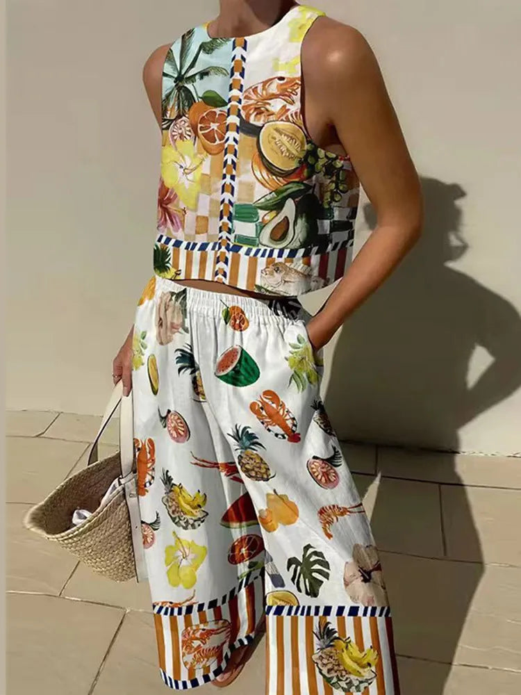 Casual Printed Pant Suits For Women Vintage Crew Neck Sleeveless Vest High Waist Loose Trouser Sets Female Beach Holiday Outfits