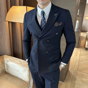 Groom Wedding Male Suit Luxury Brand Fashion Striped Men's Casual Business Office Double Breasted Suit 3 Pieces( Blazer+Pants )