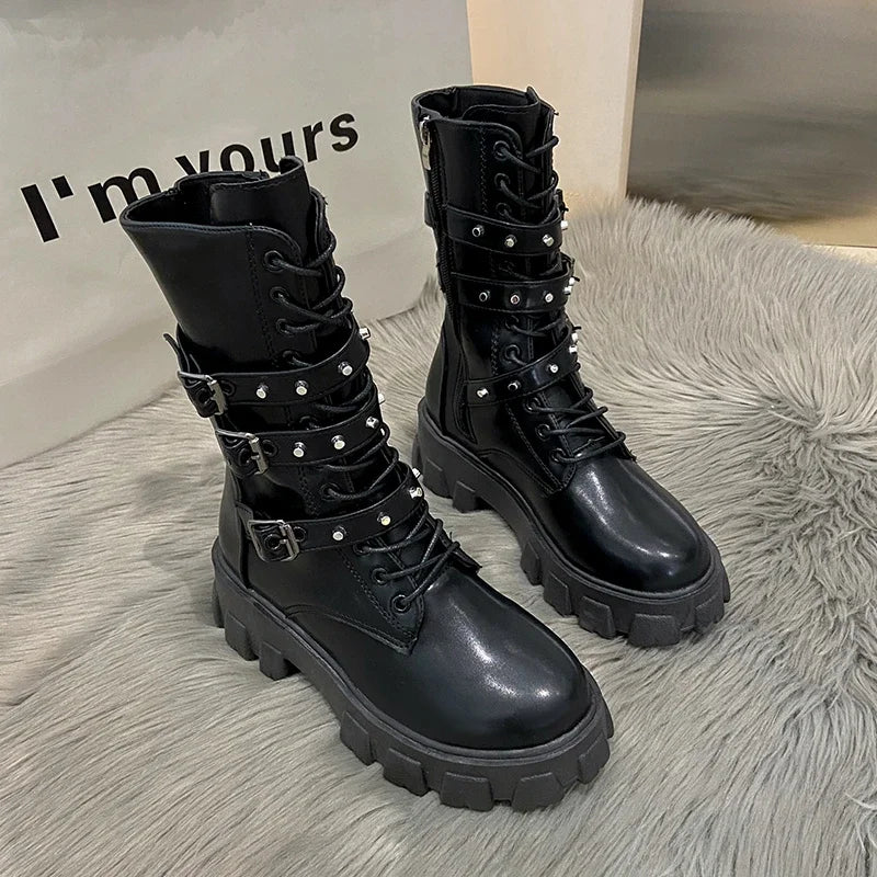 Gothic Platform Buckles Chains Punk Rivets Combat Motorcycle Boots Shoes for Women Chunky Heels Mid Calf Boots boats