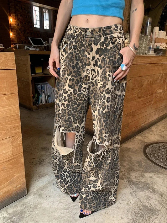 Ripped Hole Baggy Jeans for Women Wide Leg Denim Pants Leopard Print Fashion 2024 Streetwear Pants Oversized Straight Pants