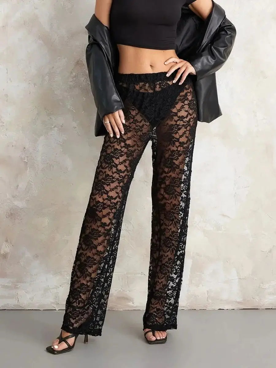 Women’s Sheer Lace Pants High Waist Wide Leg Flare Pants Bell-Bottoms Club Beach Sexy Trousers Streetwear