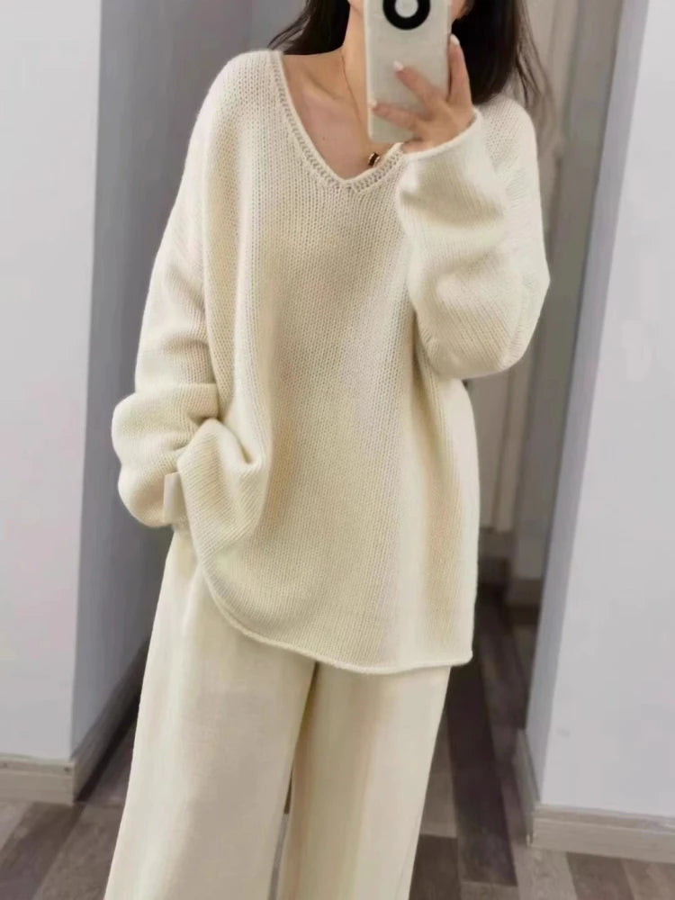 100% Pure Wool Loose V-neck Sweater Autumn Winter New Knitted Pullover Casual Fashion Korean Version Medium Long Tops Large Size