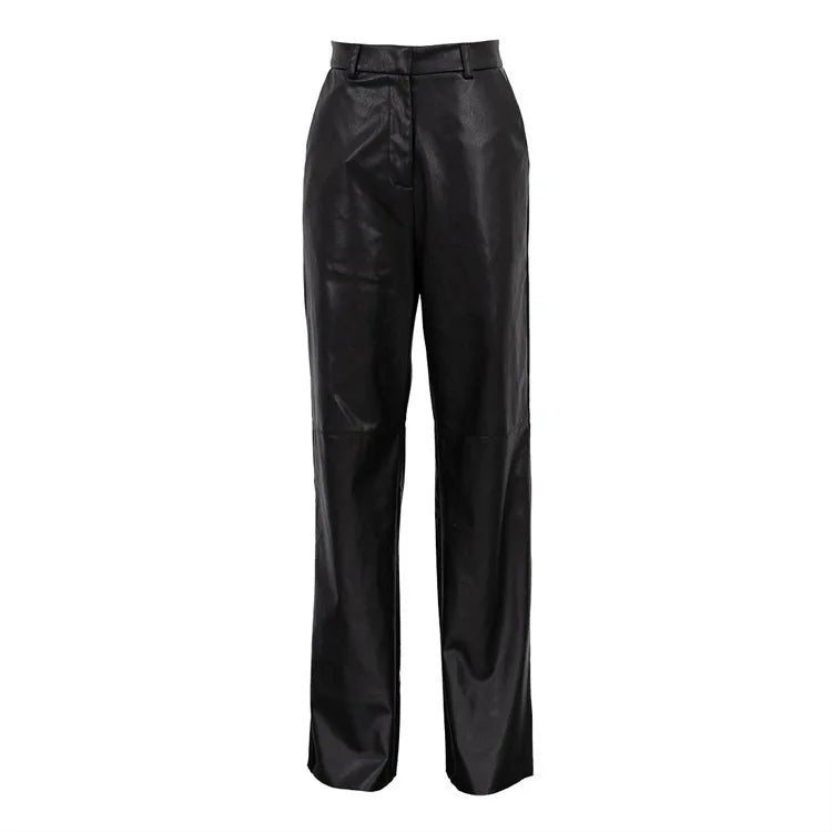 Europe and the United States wind women's spring PU leather mid-high waist hip lift straight ladies casual pants women's pants