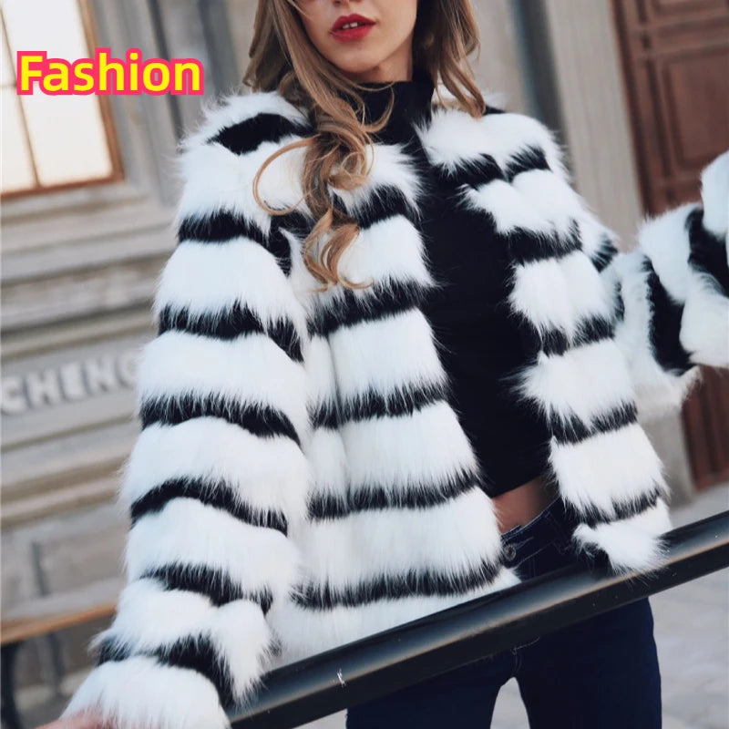 Winter Faux Fur Coat Women Luxury Black White Colour Blocking Faux Fur Jacket Short Teddy Fuzzy Jacket Warm Fox Fur Overcoat New