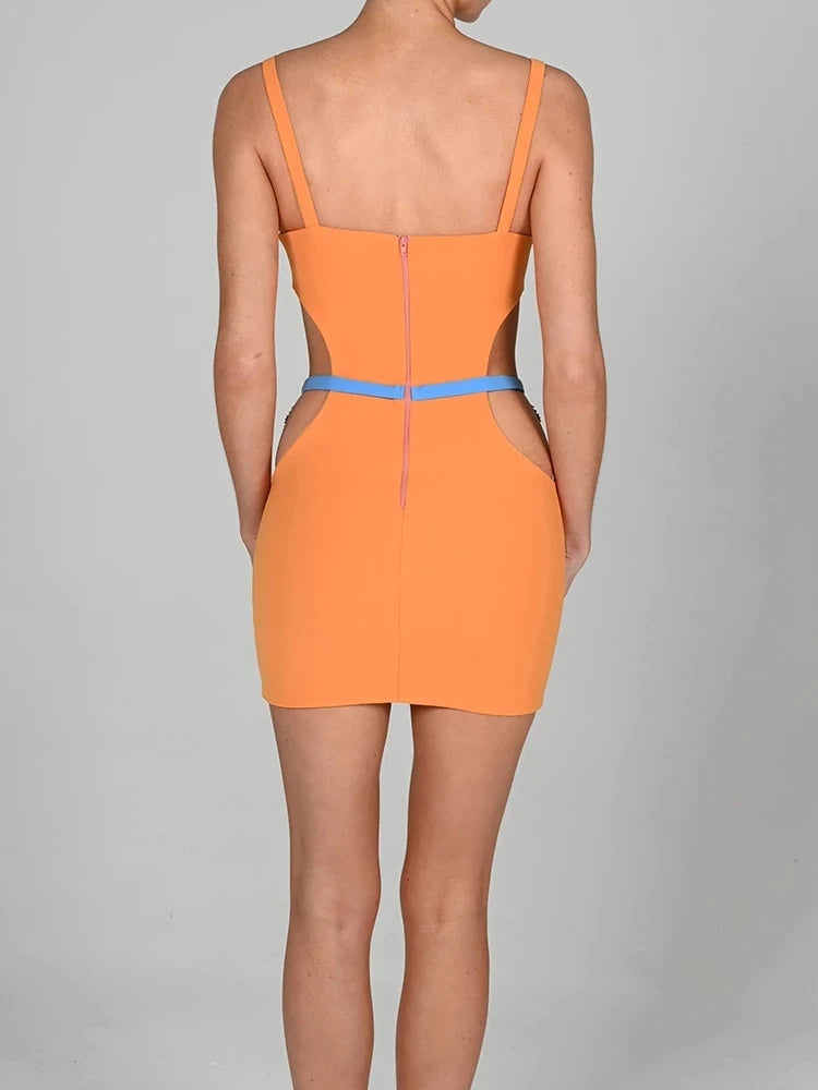 Articat Metal Shell Spaghetti Strap Women Dress Orange Patchwork Hollow Out Maxi Dress Female Skinny Elegant Party Clubwear 2022