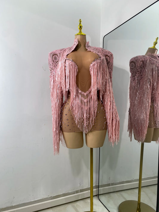 New 2025 Sparkly Embroidery Diamonds Tassels Performance Women's Outfit Sexy Mesh See Through Dress Shawl Two Pieces Sets