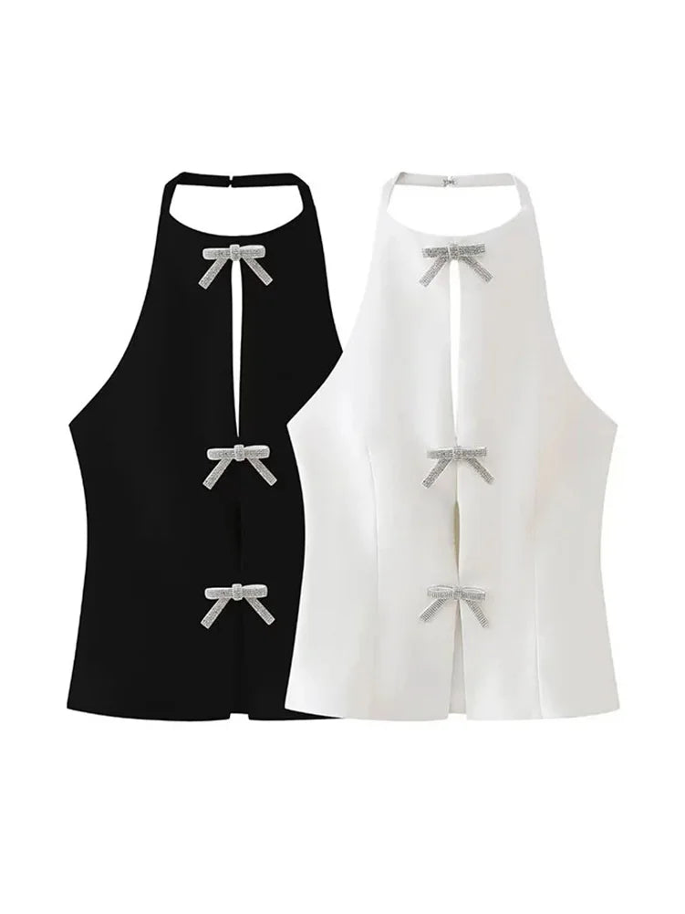 HH TRAF Summer Sexy Halter Tops Woman Fashion Solid O-Neck Sleeveless Hollow Out Backless Bow Decoration Female Elegant Slim Top