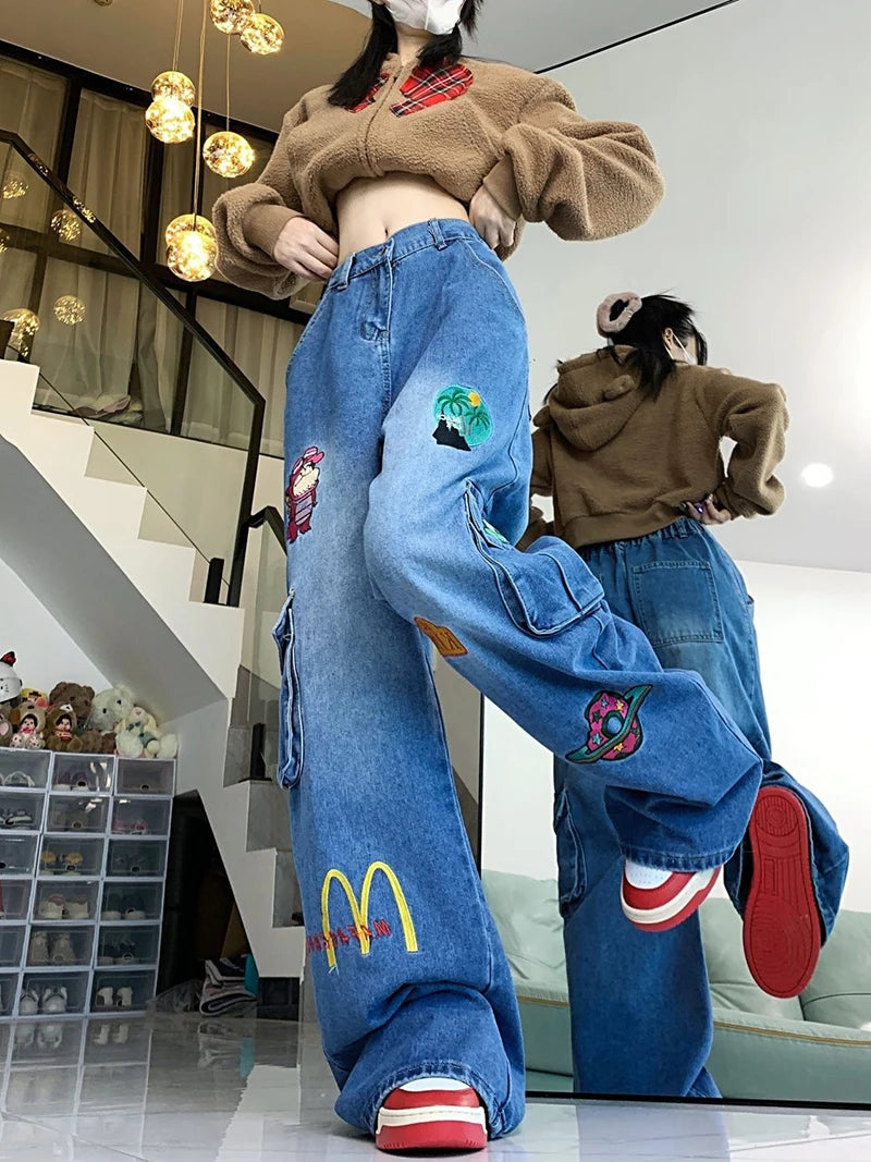 American Pink Cartoon Embroidered Baggy Cargo Mom Jeans for Women 2024 Spring New Waist Slimming Wide Leg Pants Trousers Female