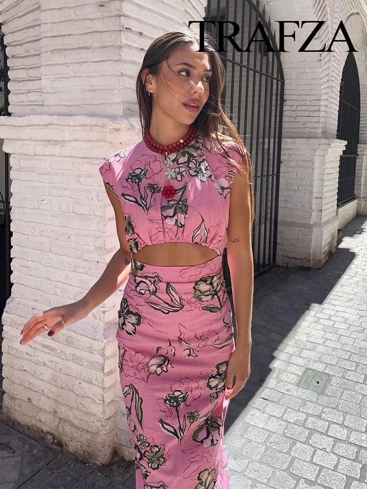 TRAFZA Women Summer Dresses Pink Print O-Neck Sleeveless Hollow Out Decorate Slit Zipper Female Fashion Bohemian Style Dress