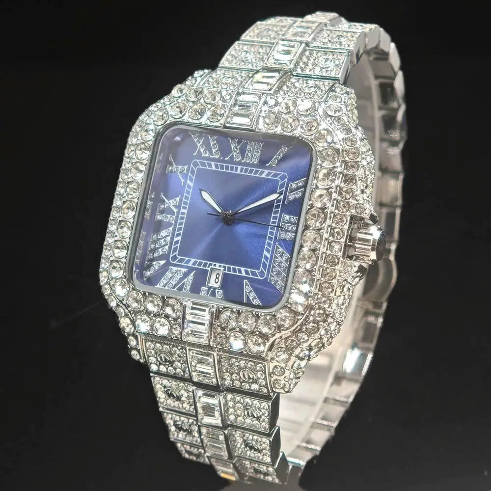 UNIGUET Fashion Blue Watch For Men Hip Hop Ice Diamond Quartz Watch Luxury Roman Literal Square Wristwatch Man Gift Dropshipping