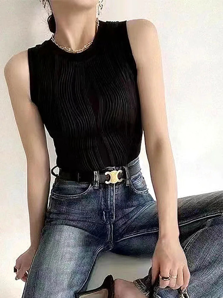 Summer Chic Knitting Gret per le donne Fashion Elastic Slim Slim Top White Top 2024 Abbigliamento da donna senza maniche di base