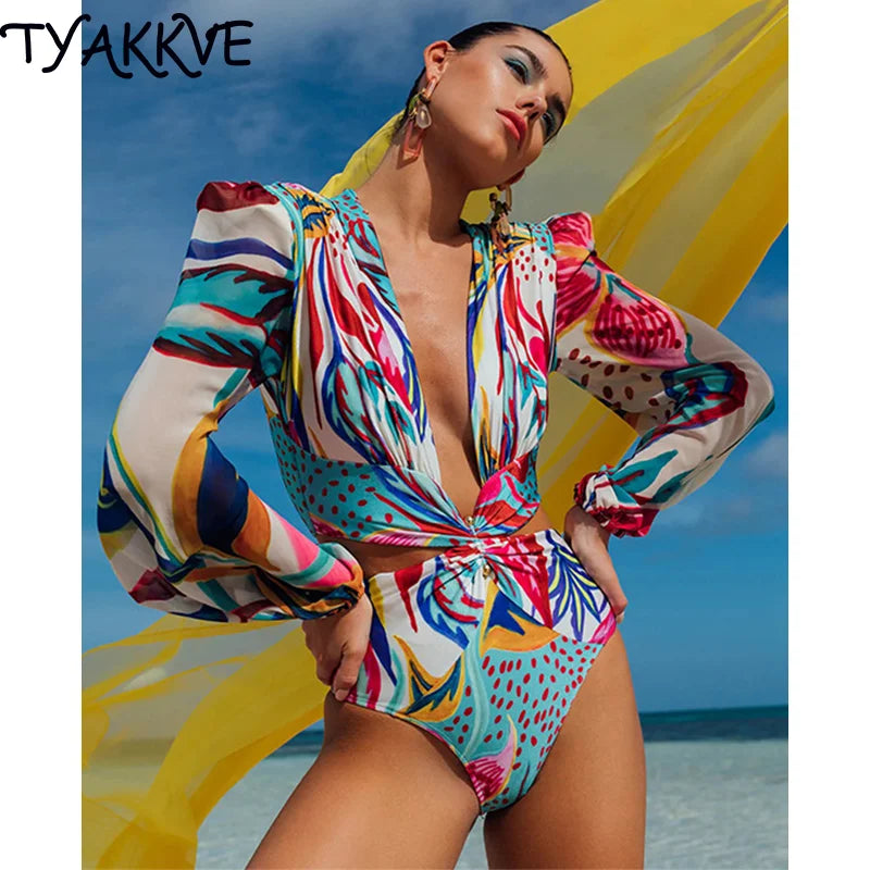 2024 New Sexy One Piece Swimsuit Deep V Neck Swimwear Woman Monokini Long Sleeves Print Cut Bathing Suit Women Summer Beach Wear