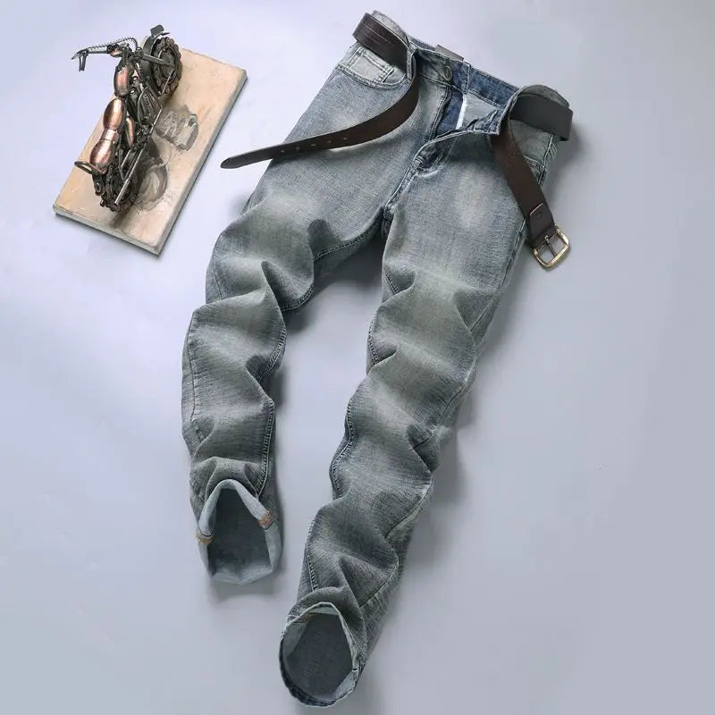 2025 Autumn New Slim Straight Jeans Men's Vintage Grey Elastic Cotton Fashion Casual Wash Denim Pants Korean Male Trousers