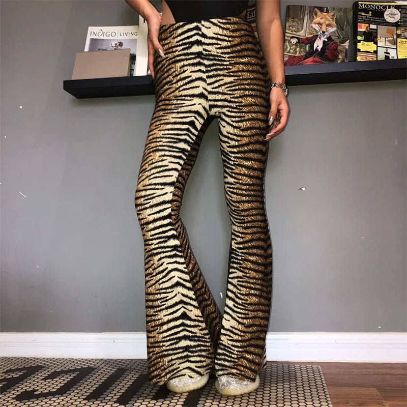 Lygens High Waist Leopard Tiger Print Flare Leggings 2024 Women Design Sexy Trousers Club Flare Legs Pants Casual Women Clothing