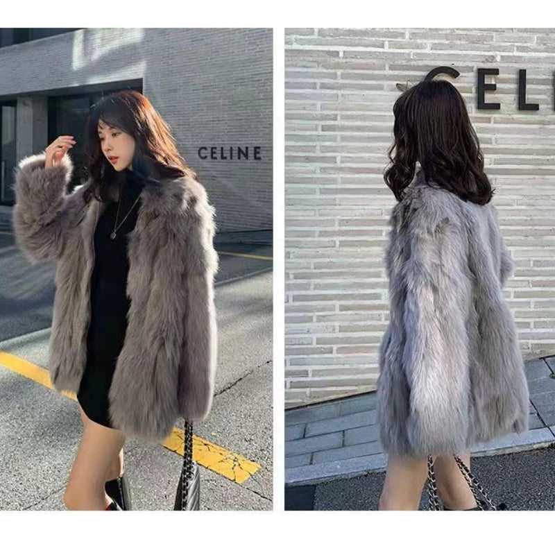 Winter New Faux Fur Coats Women's Clothing Warm Fox Mid Long Fashion Fur Coat Teddy Plush Jacket Warm Belt Buckle Furry Overcoat