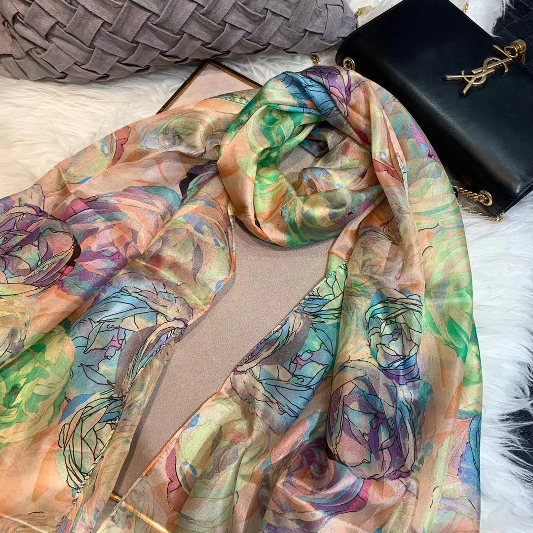 Ladies Green 100% Silk Scarf Shawl Winter Rose Design Women Pure Silk Scarves Wraps Fashion Beach Shawl Cover Ups Pink Scarf