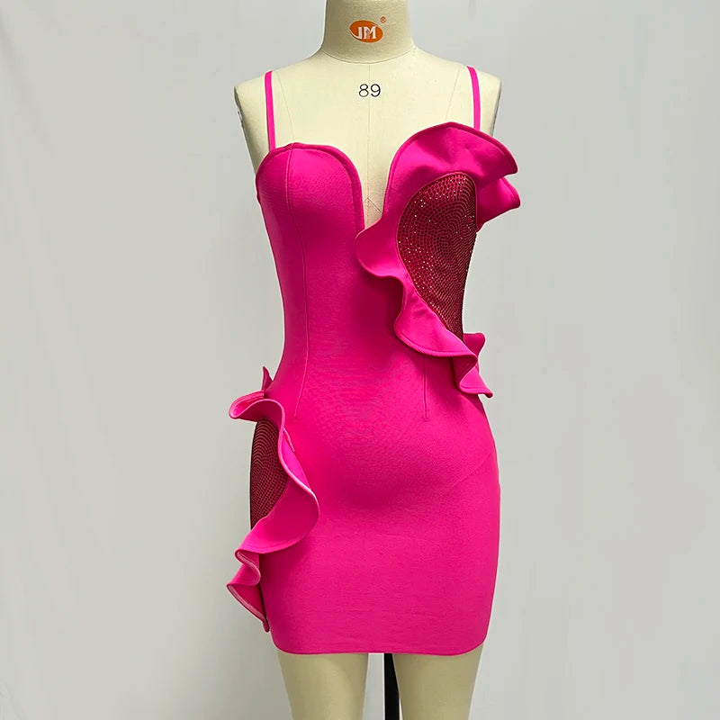 Factory Wholesale Women's Rose Red Spaghetti Strap Heart Rhinestones Sexy Boutique Celebrity Cocktail Party Bandage Dress