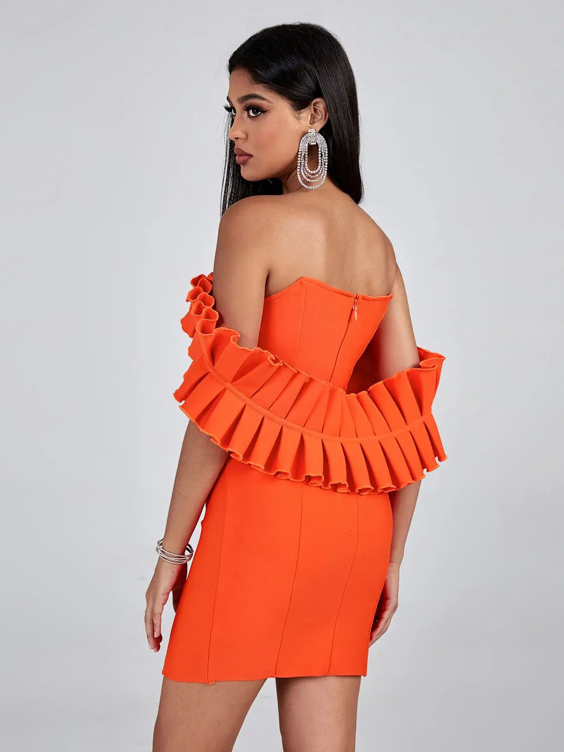 Orange Bandage Dress Women Mini Party Dress Bodycon Ruffle Elegant Sexy Off Shoulder Birthday Evening Club Outfits Summer