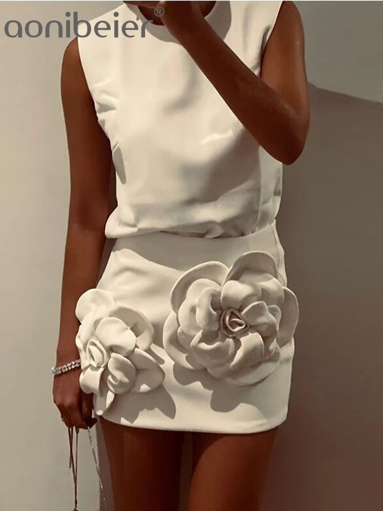 Aonibeier Y2K Extreme Short Women Mini Skirt Suits Traf 2024 Summer Flower Appliques Sleeveless Tanks Female Crop Top Sets White