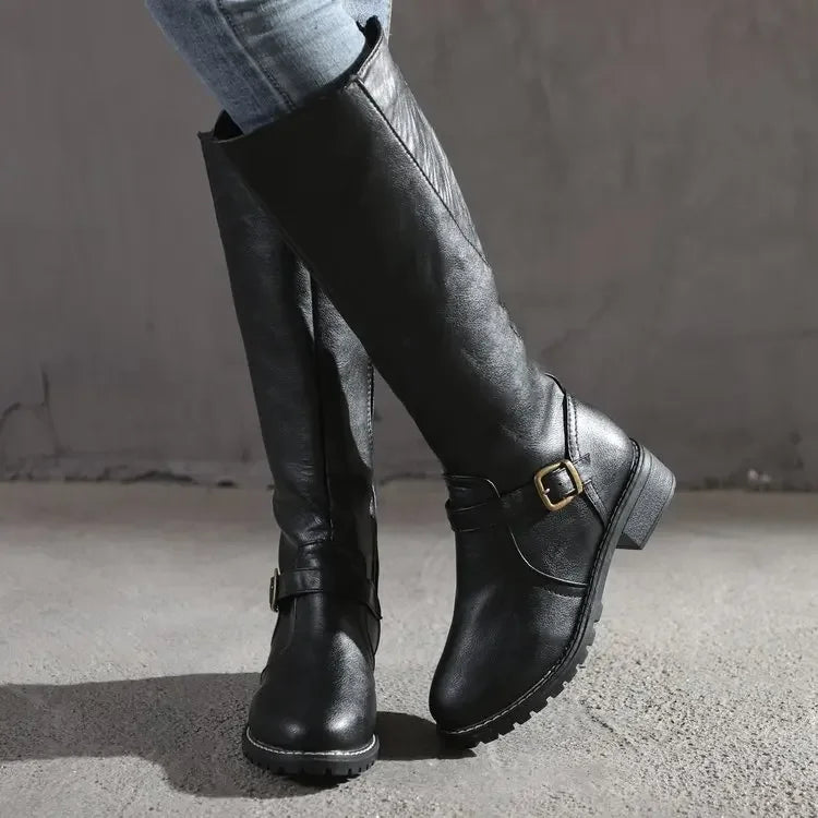 Autumn and Winter Woman Boots 2024 Vintage Round Head Knee High Knight Boots Combat Gothic Elegant Block Heel Women's Long Boots